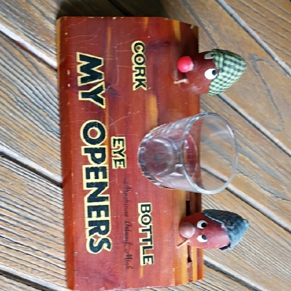Vintage Wooden Bottle Opener Set with Glass